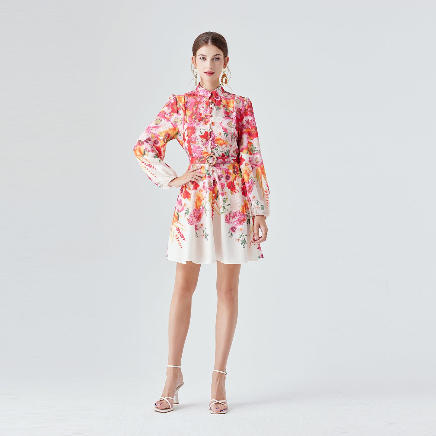 Printed mini dress with belt