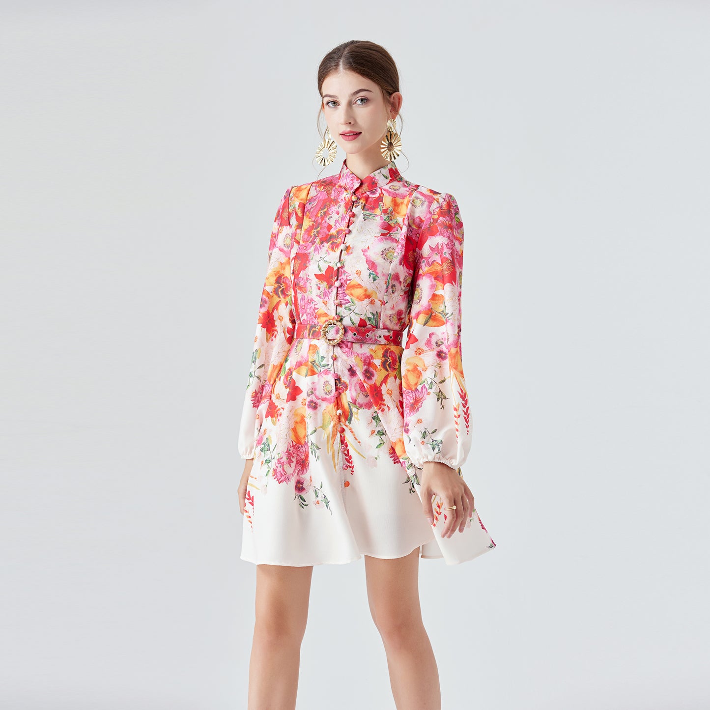 Printed mini dress with belt