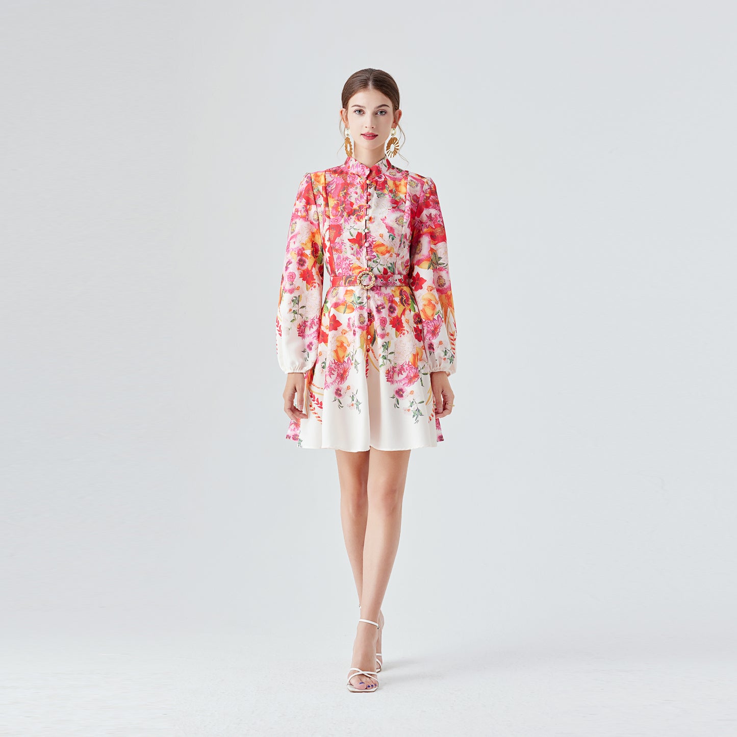Printed mini dress with belt