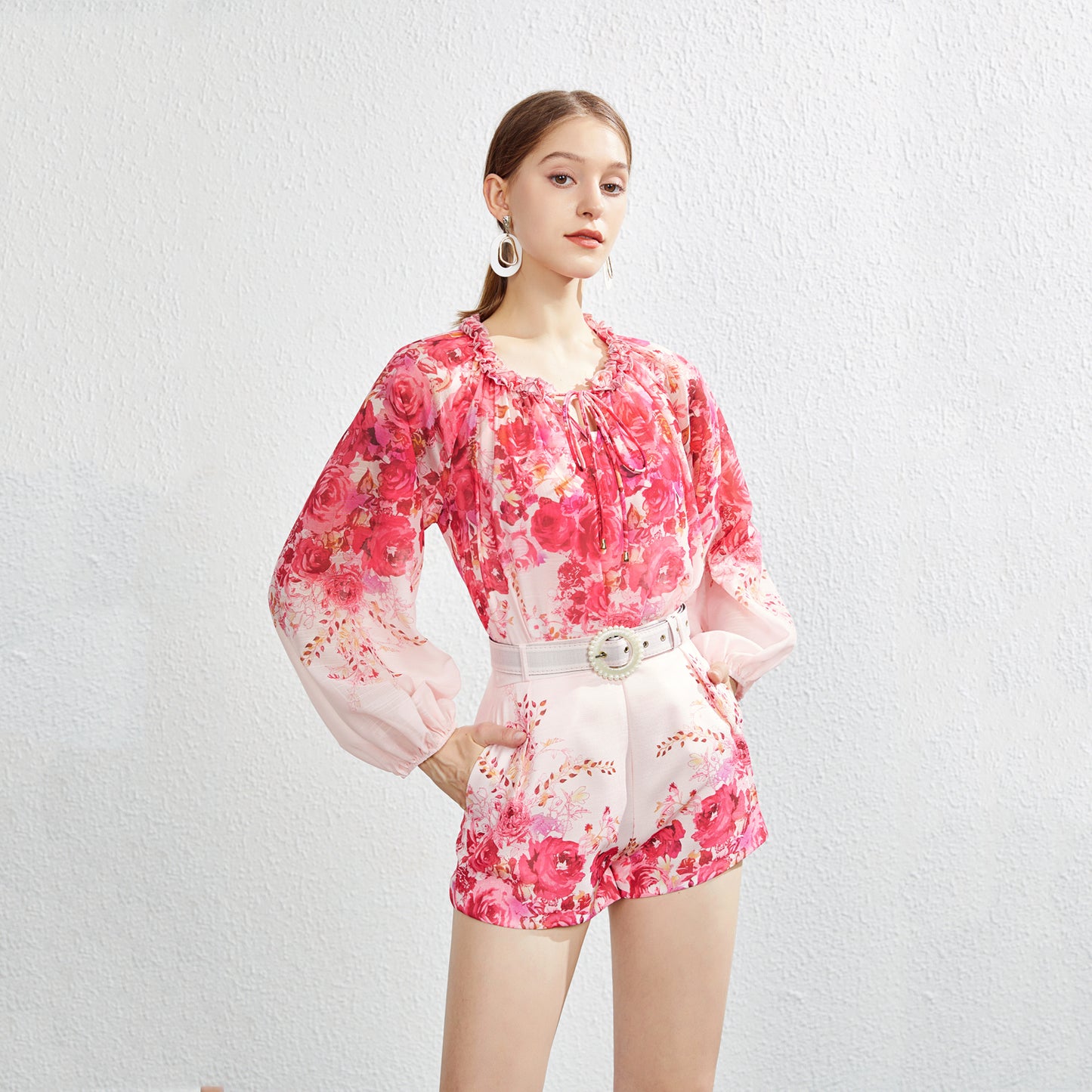 Printed matching shorts set with belt