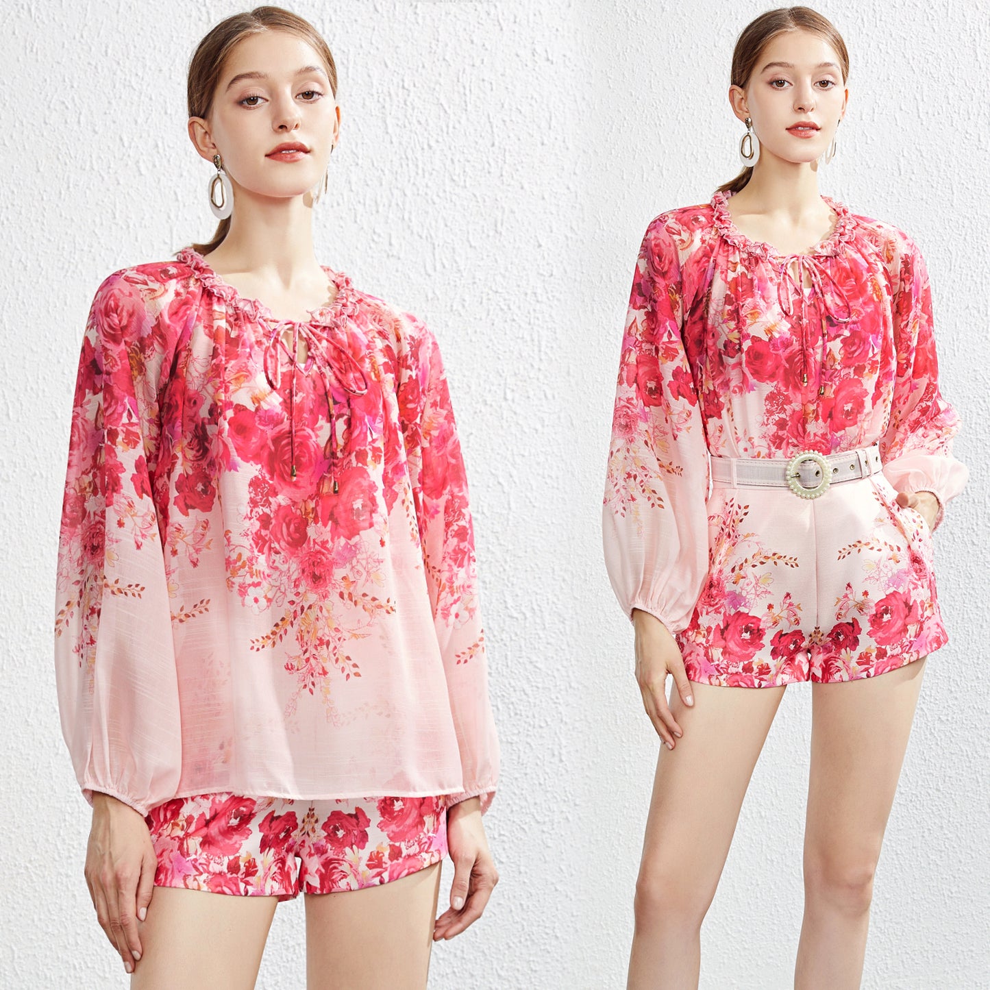 Printed matching shorts set with belt