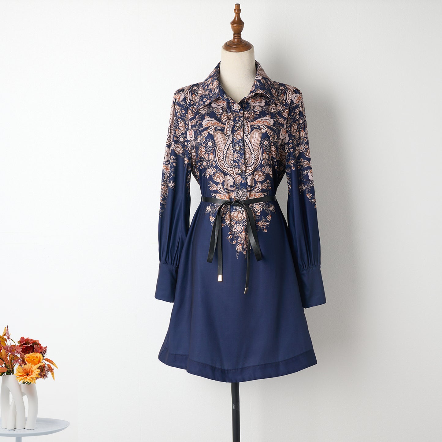 Printed dress with belt