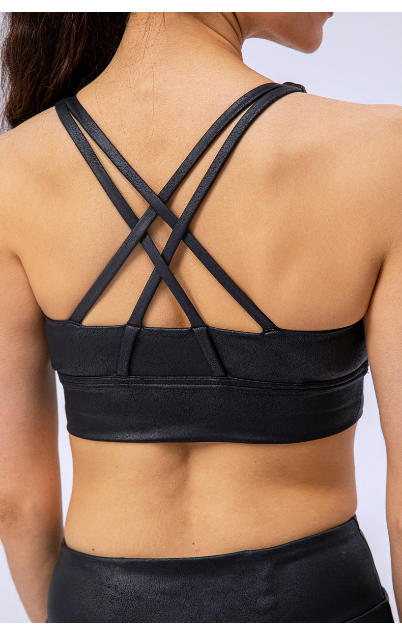 Leather look cross back sports bra
