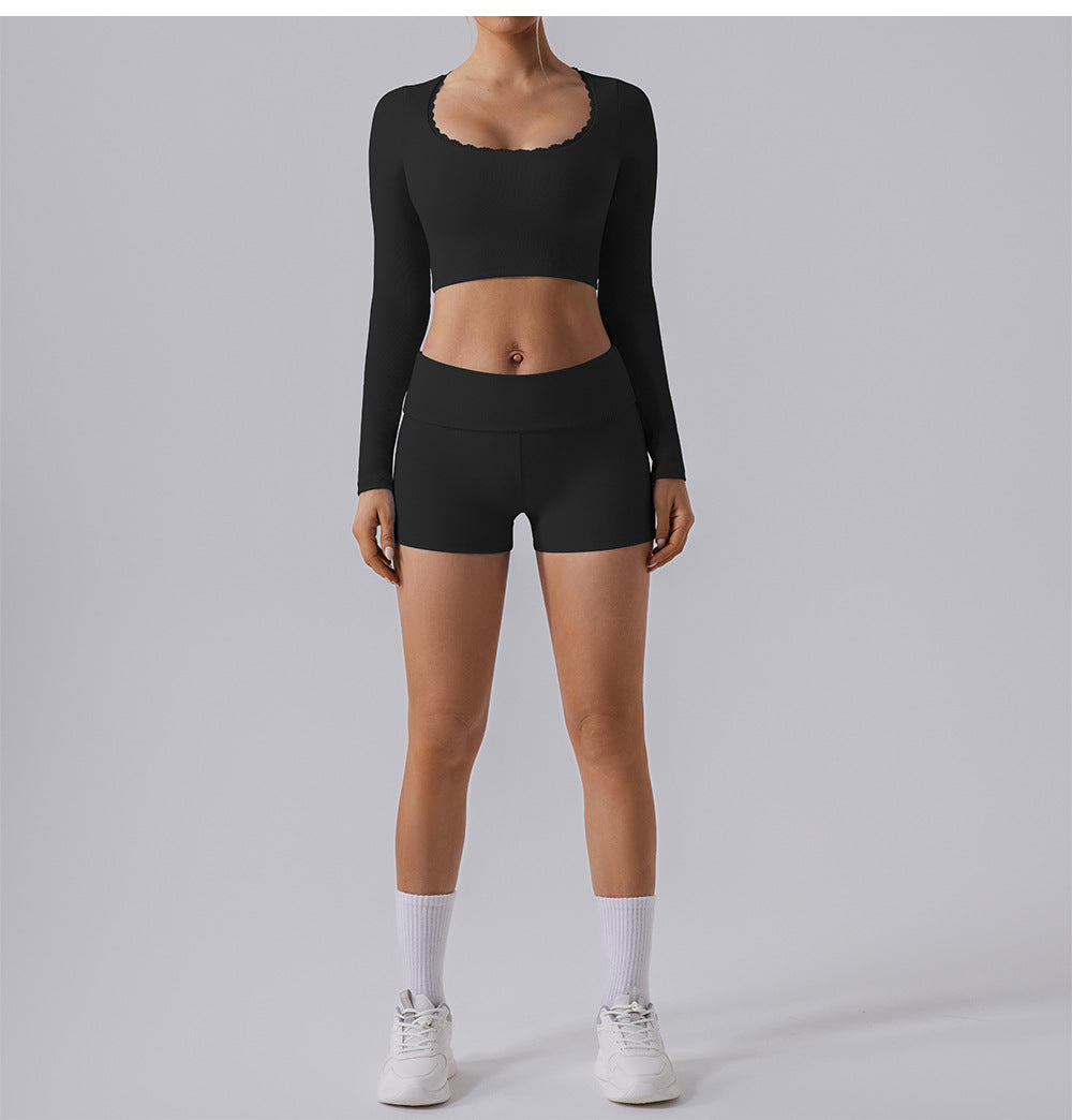 Lace trim full sleeve cropped top