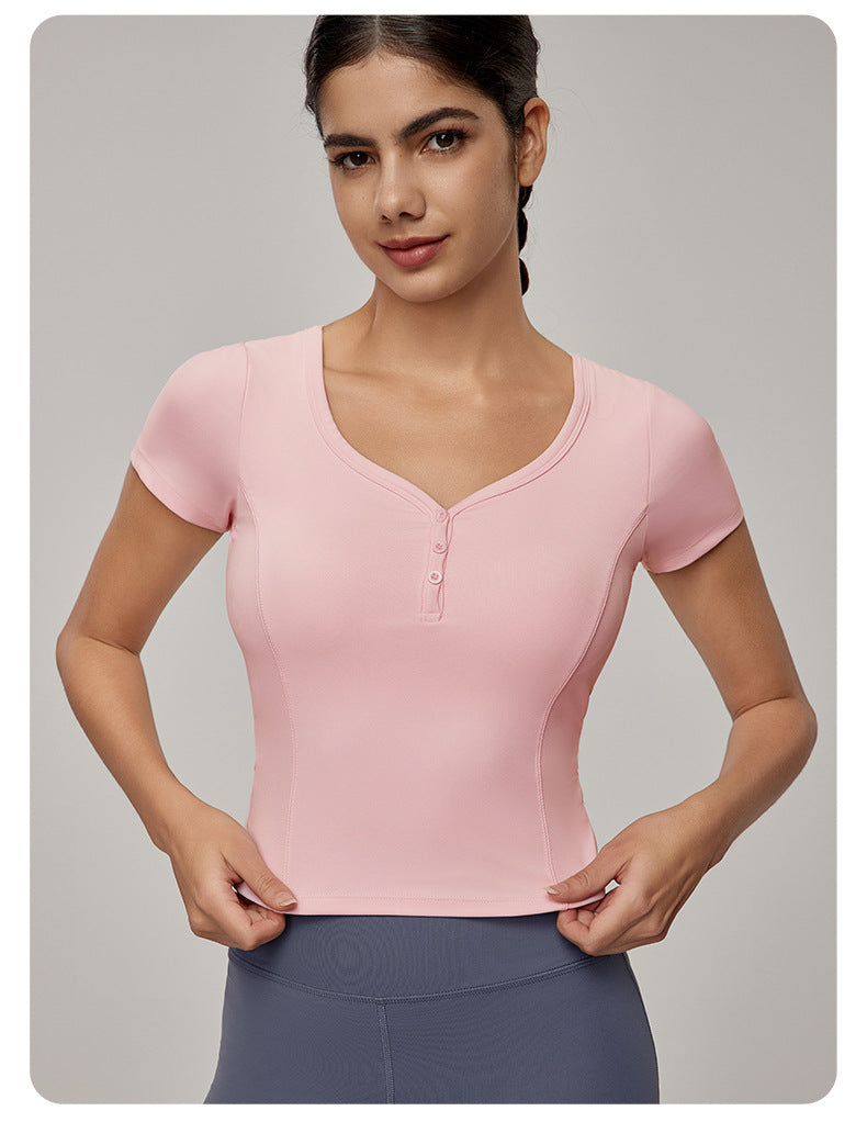 Short sleeve button front top