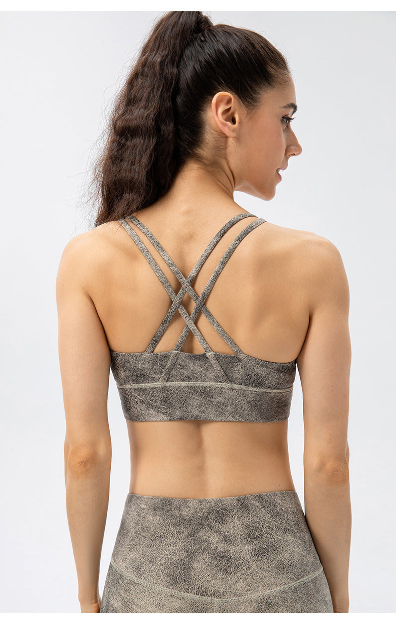 Leather look cross back sports bra