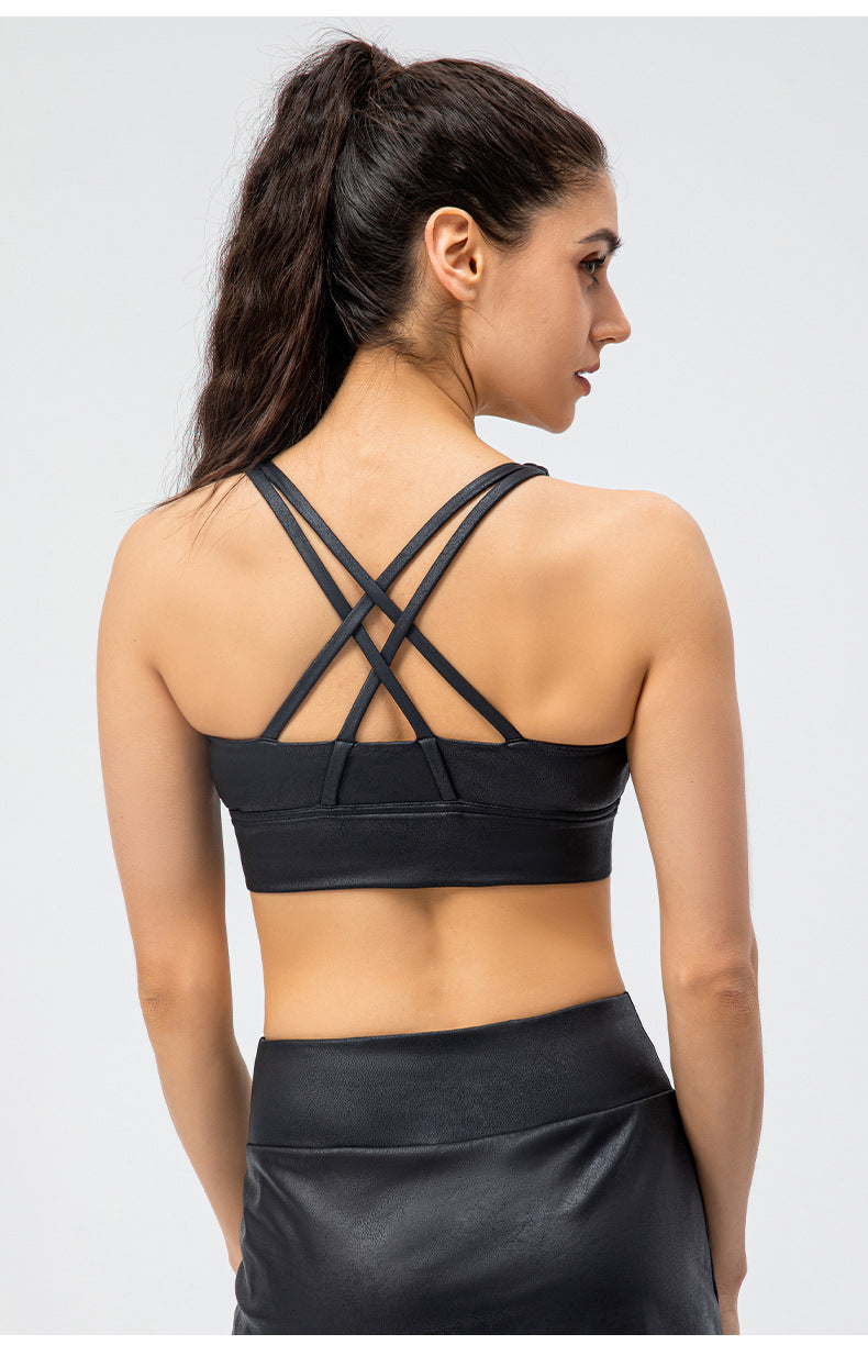 Leather look cross back sports bra