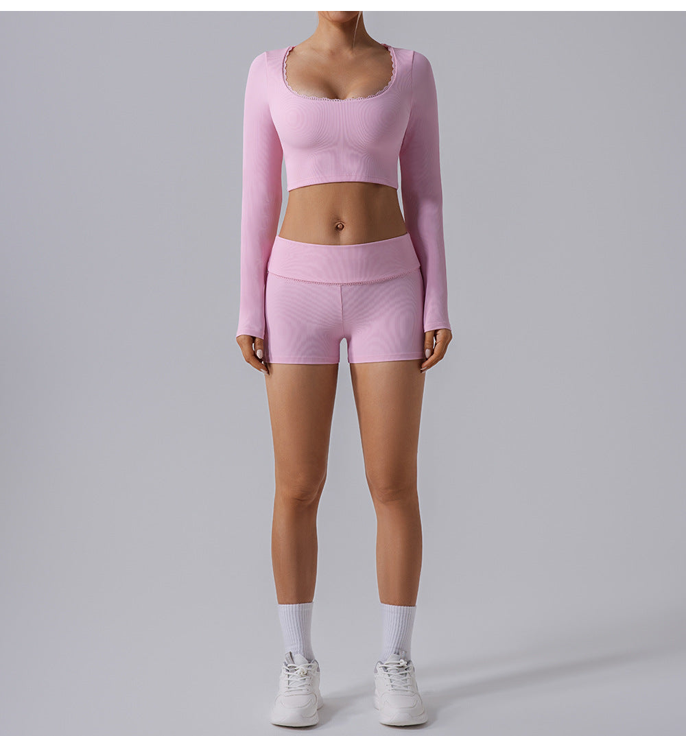 Lace trim full sleeve cropped top