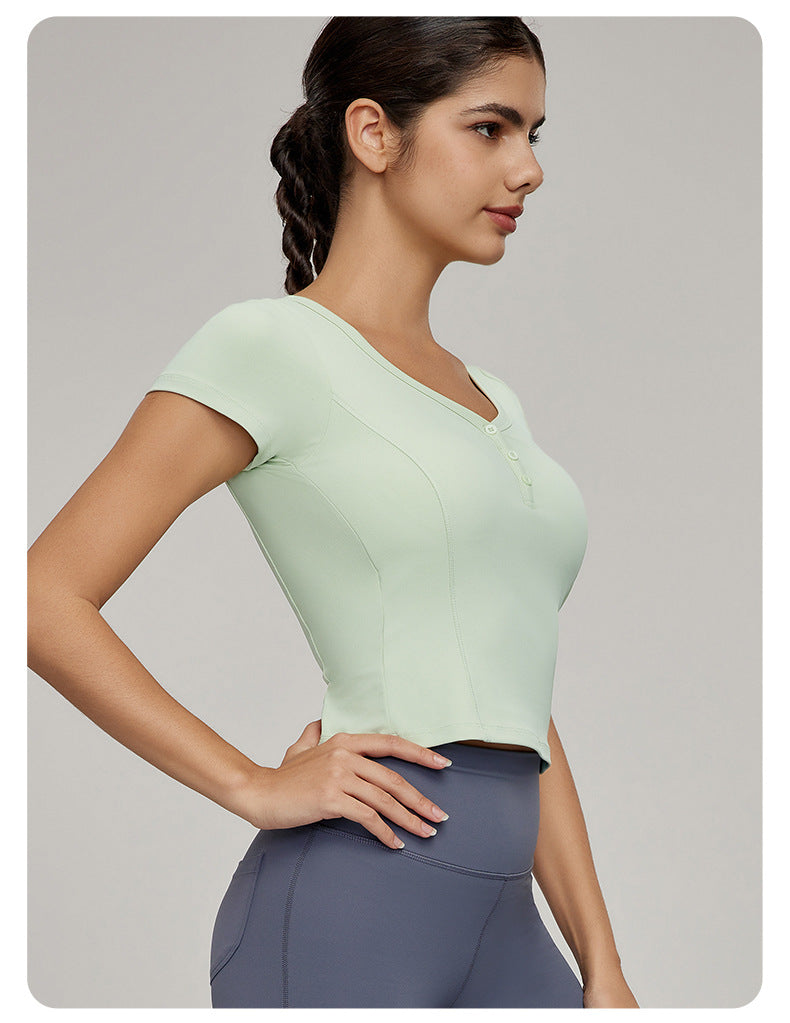 Short sleeve button front top
