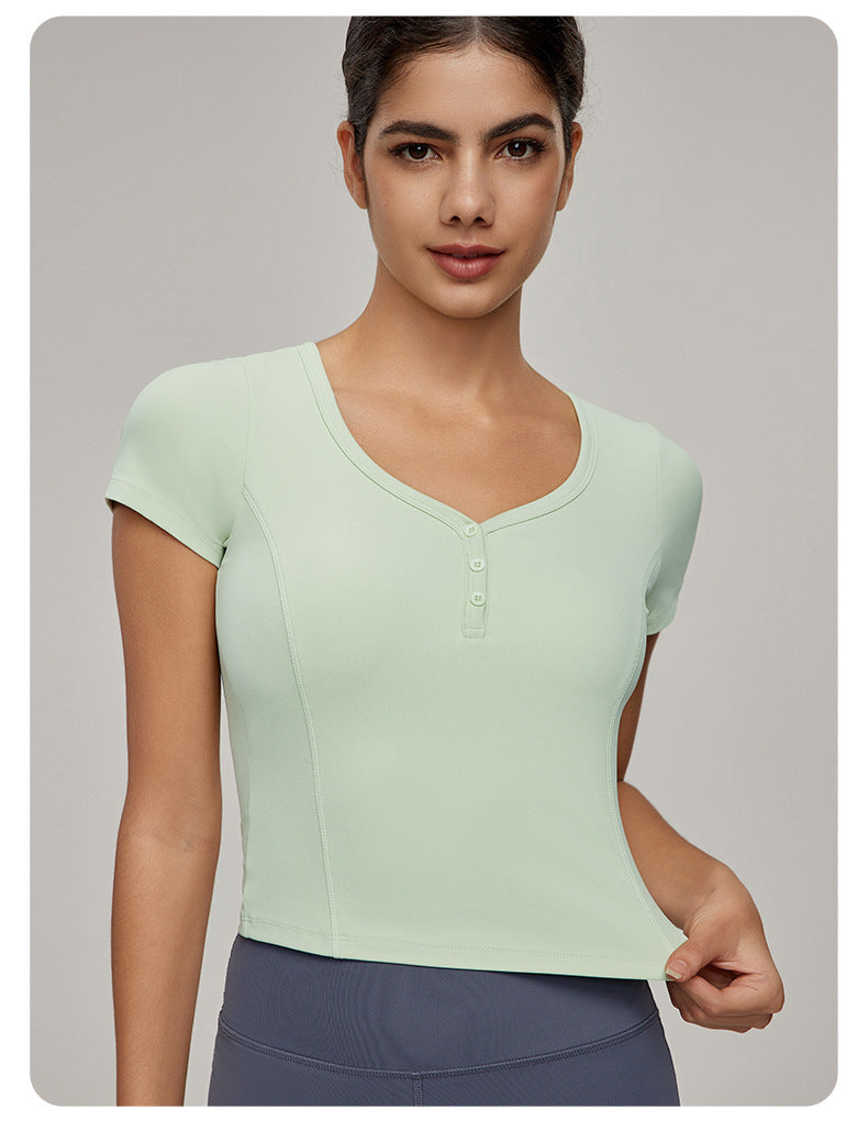 Short sleeve button front top