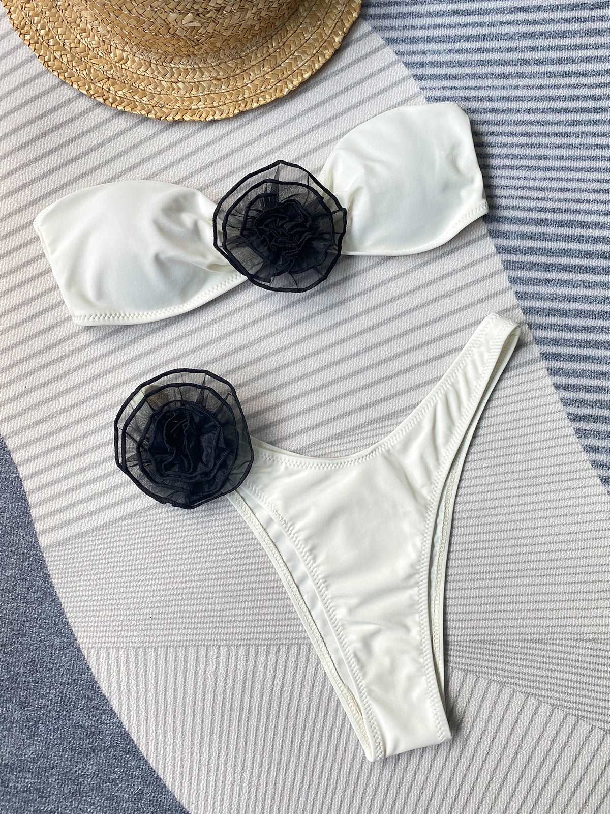 Bandeau bikini set with floral trim