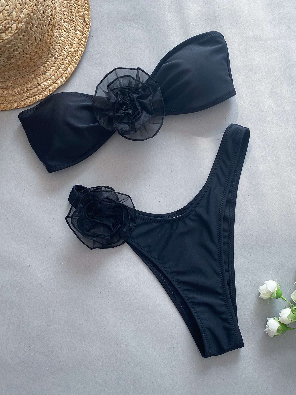 Bandeau bikini set with floral trim
