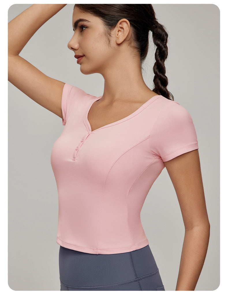 Short sleeve button front top
