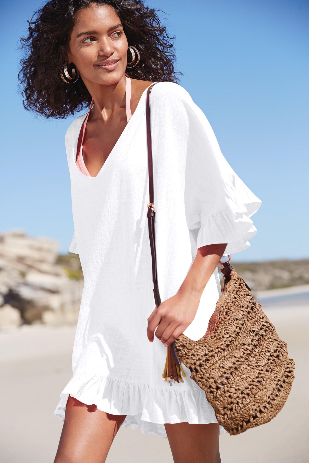 Slub Cotton V Neck beach cover up