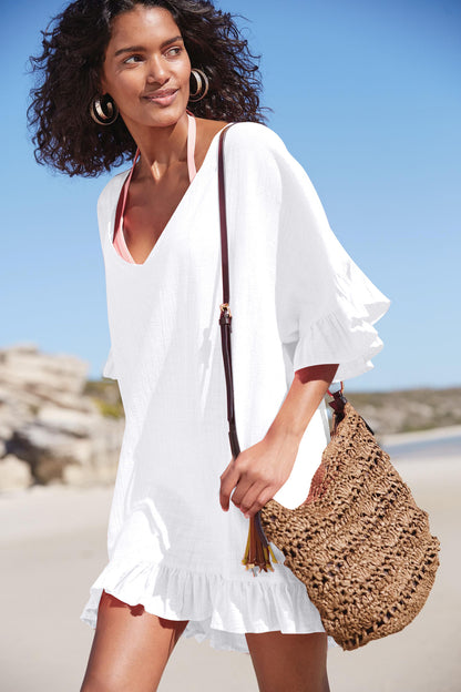 Slub Cotton V Neck beach cover up