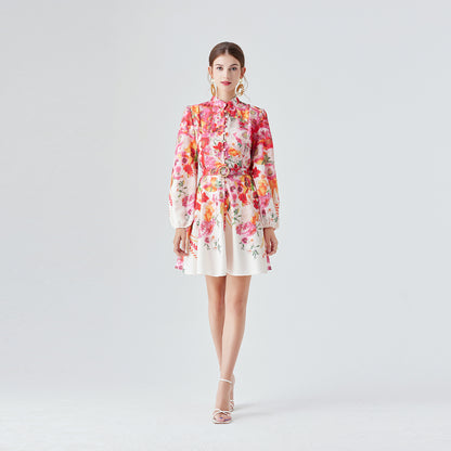 Printed mini dress with belt