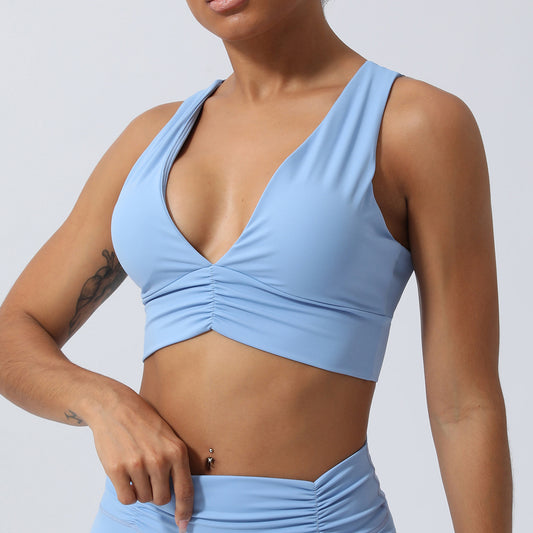 Gathered V neck sports bra
