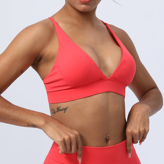 V neck cross back sports bra