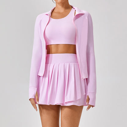 High collar zip front top