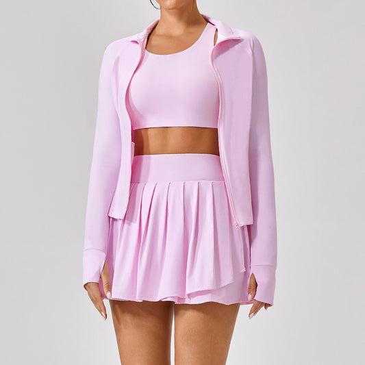 High collar zip front top