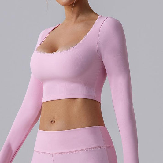 Lace trim full sleeve cropped top