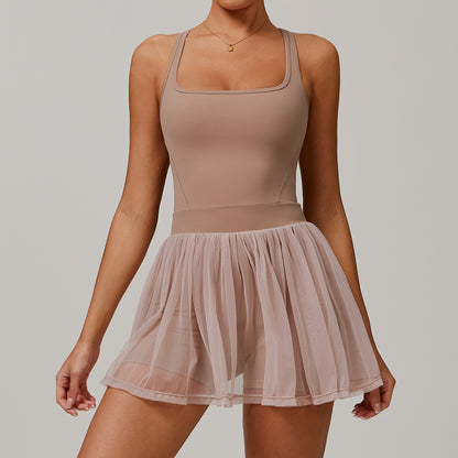 Padded knitted dress with mesh