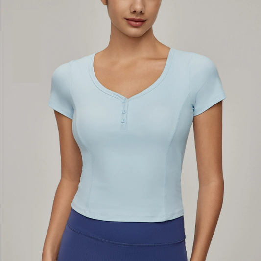 Short sleeve button front top