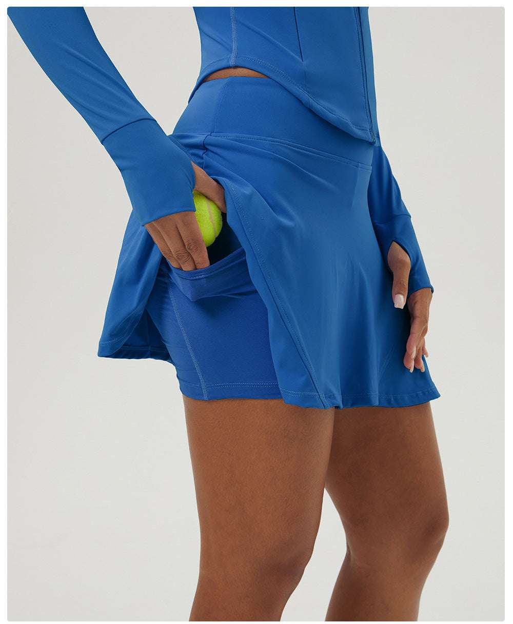 Sports Tennis Skirt Set Women Pocket Zipper Jacket Yoga Clothes High Elastic Casual Culottes Two Piece Set