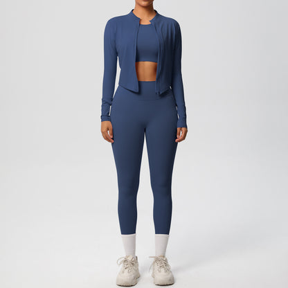 Skinny Yoga Pants High Waist Nude Feel Sports Zip Long Sleeve Coat Workout Clothes Yoga Three Piece Set