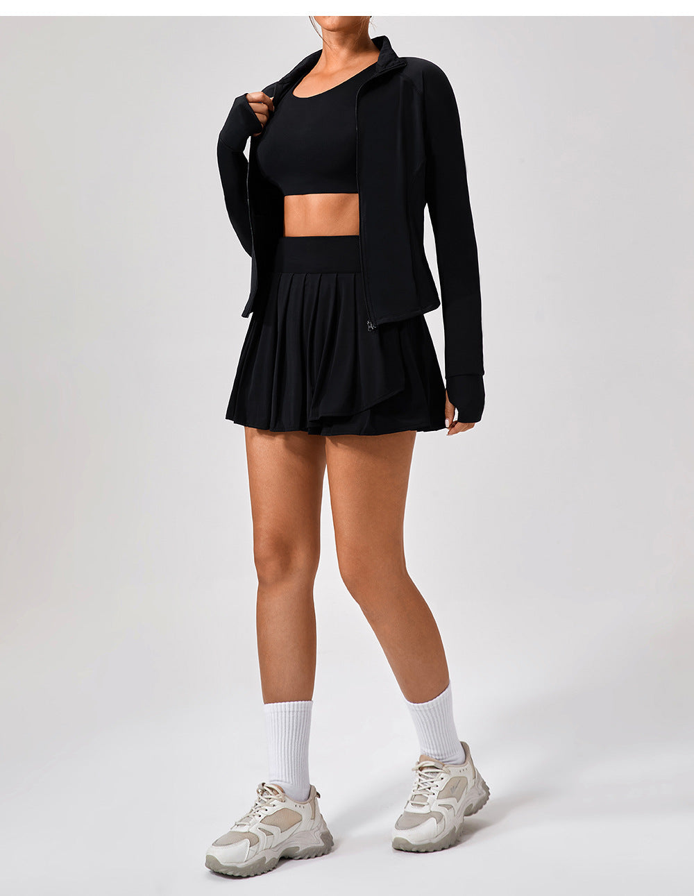 Matching two or three piece bra, skort & jacket set