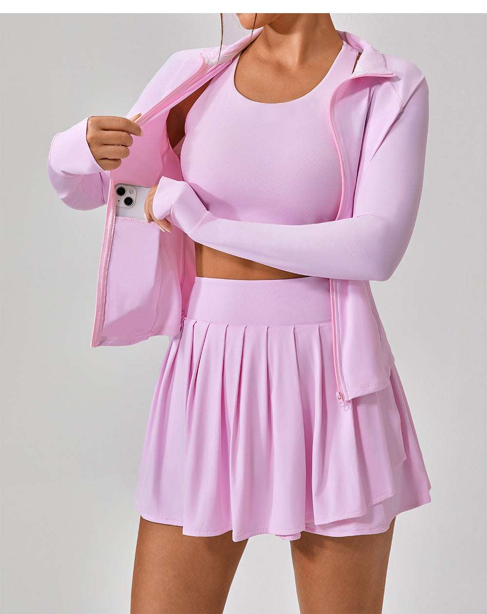 Matching two or three piece bra, skort & jacket set