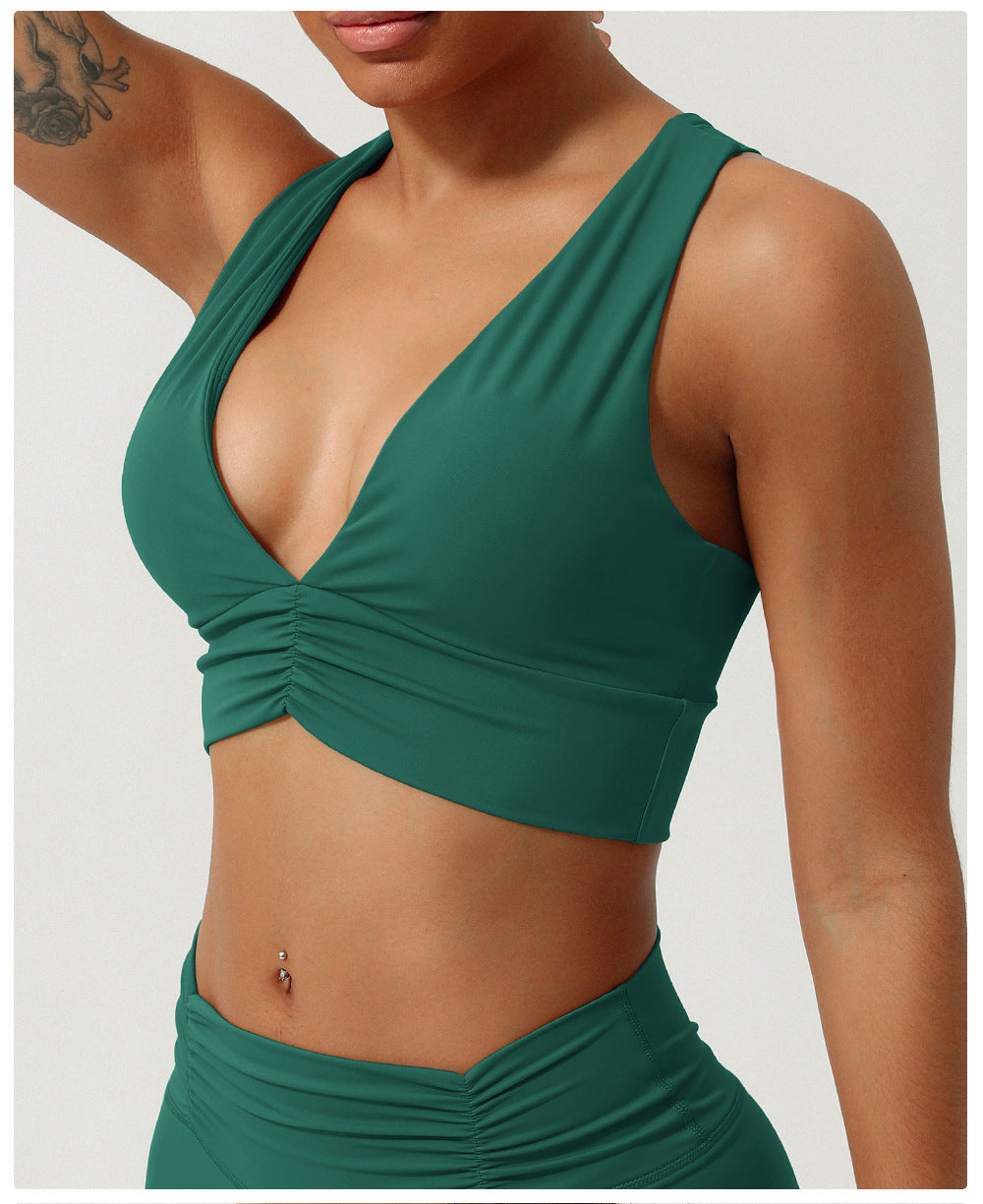 Gathered V neck sports bra
