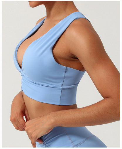 Gathered V neck sports bra