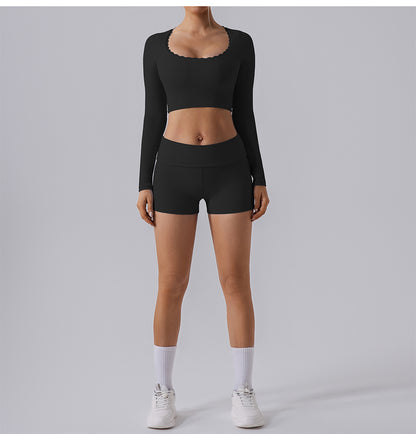 Lace trim full sleeve cropped top