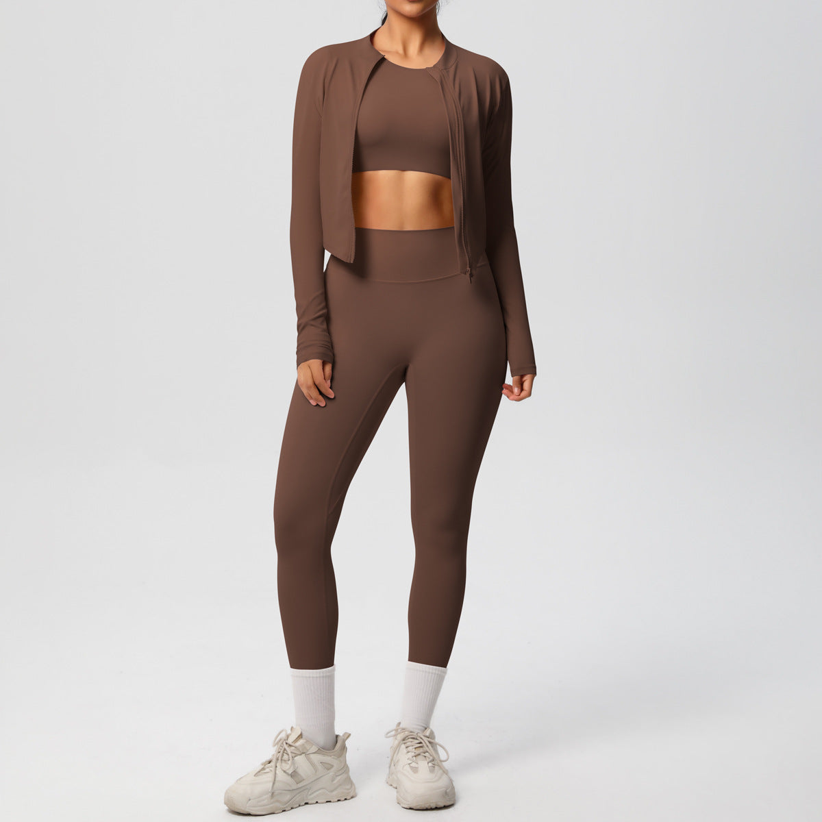 Skinny Yoga Pants High Waist Nude Feel Sports Zip Long Sleeve Coat Workout Clothes Yoga Three Piece Set