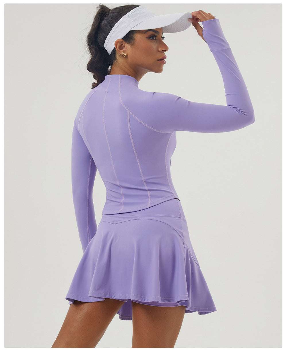 Sports Tennis Skirt Set Women Pocket Zipper Jacket Yoga Clothes High Elastic Casual Culottes Two Piece Set