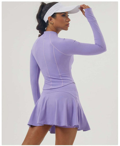 Sports Tennis Skirt Set Women Pocket Zipper Jacket Yoga Clothes High Elastic Casual Culottes Two Piece Set