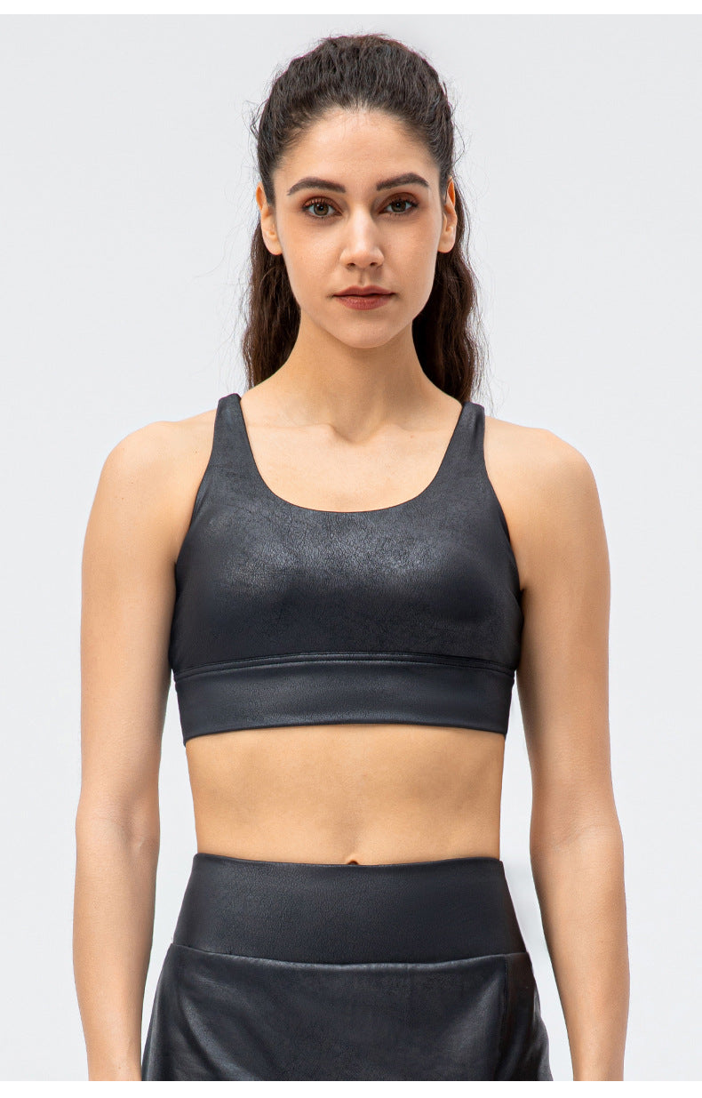 Leather look cross back sports bra