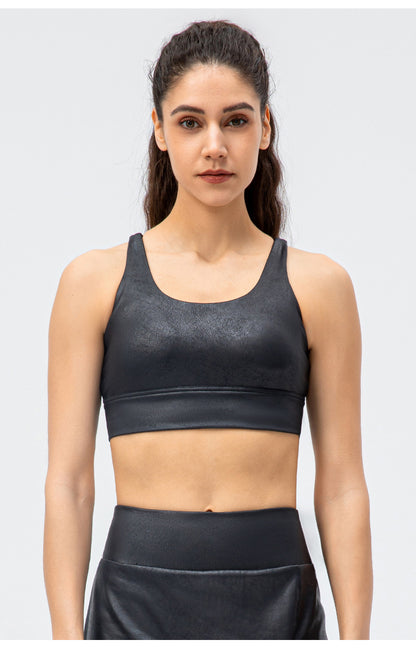 Leather look cross back sports bra