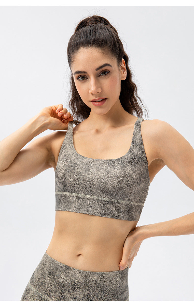 Leather look cross back sports bra