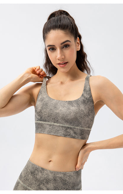 Leather look cross back sports bra