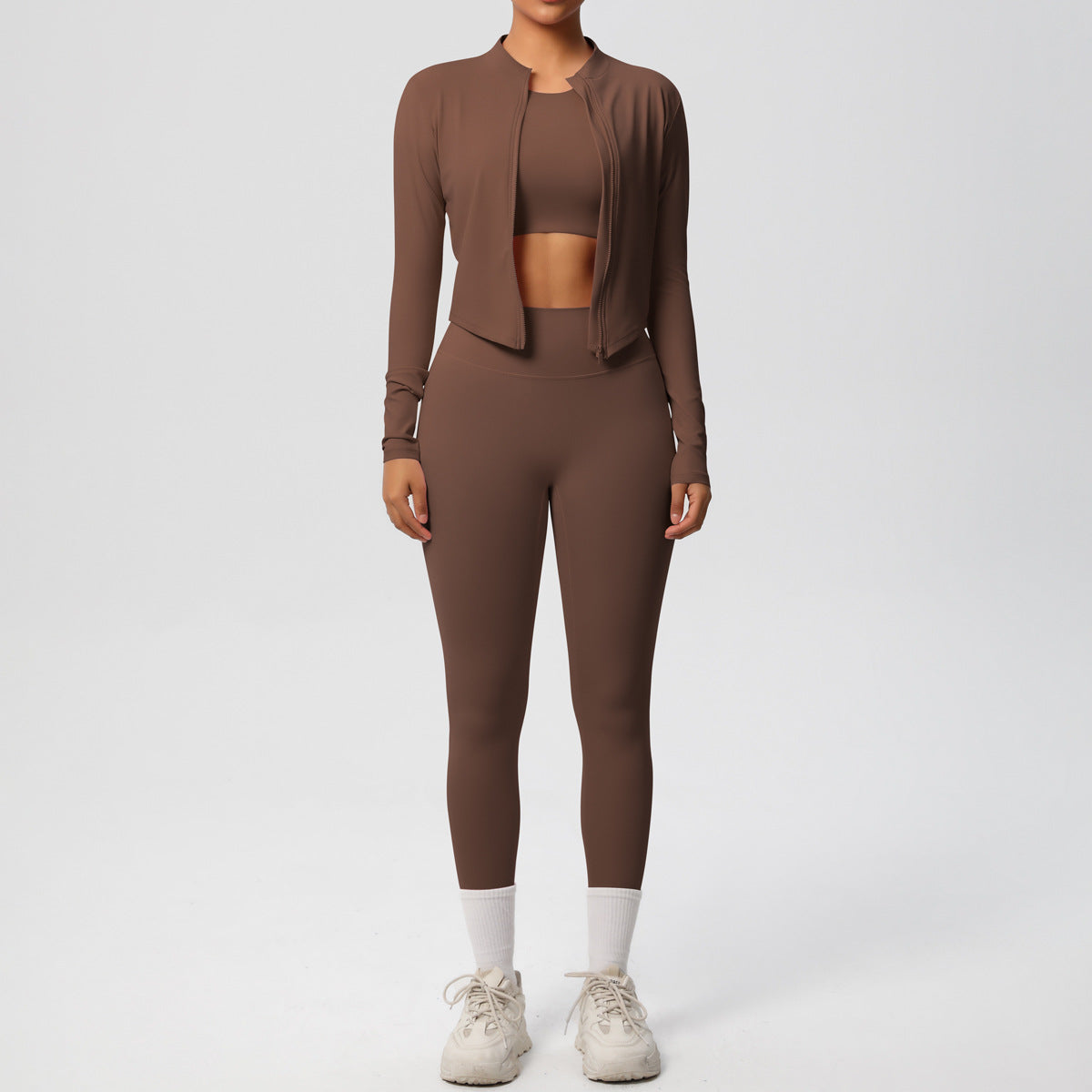 Skinny Yoga Pants High Waist Nude Feel Sports Zip Long Sleeve Coat Workout Clothes Yoga Three Piece Set