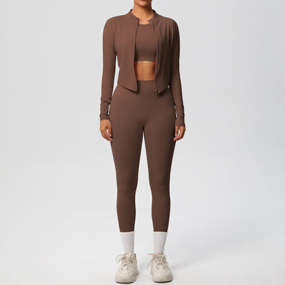 Skinny Yoga Pants High Waist Nude Feel Sports Zip Long Sleeve Coat Workout Clothes Yoga Three Piece Set