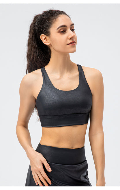 Leather look cross back sports bra