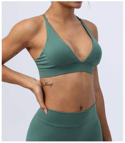 V neck cross back sports bra
