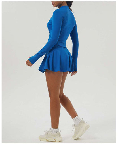 Sports Tennis Skirt Set Women Pocket Zipper Jacket Yoga Clothes High Elastic Casual Culottes Two Piece Set