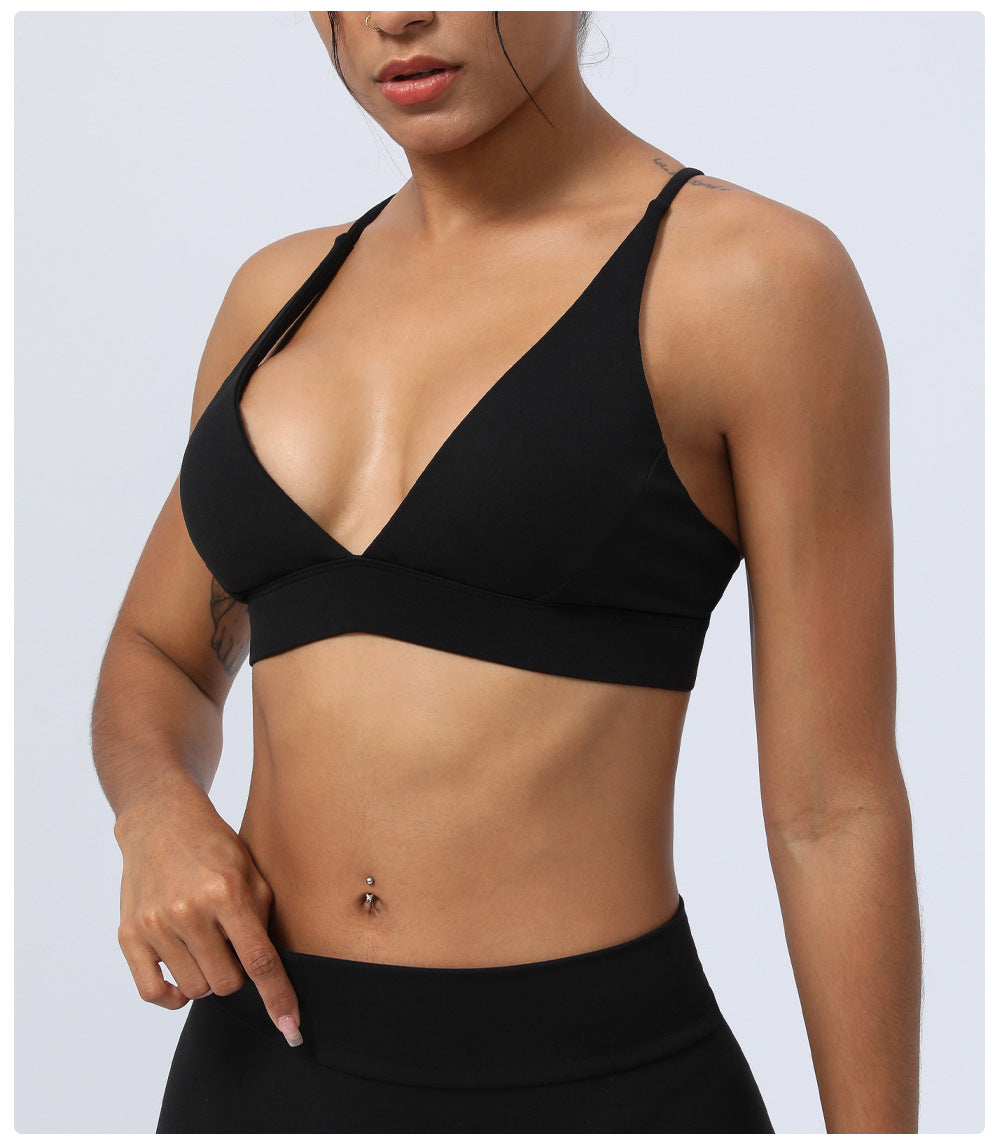 V neck cross back sports bra