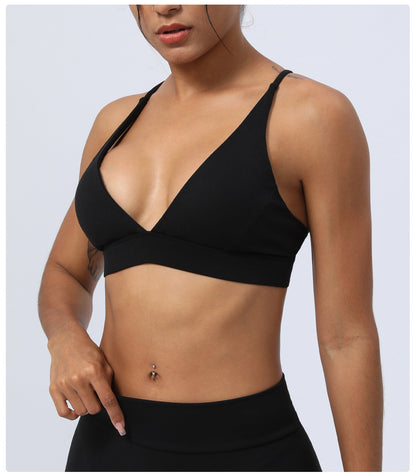 V neck cross back sports bra