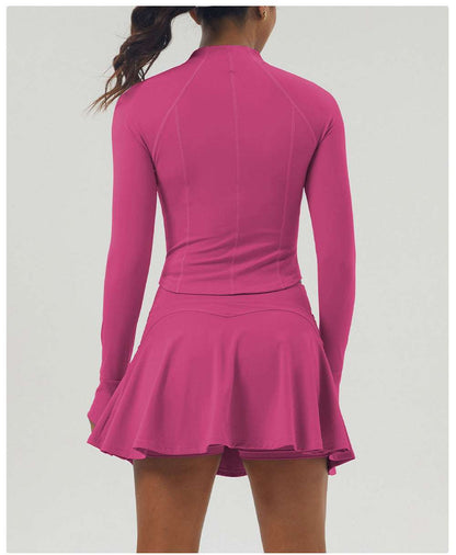 Sports Tennis Skirt Set Women Pocket Zipper Jacket Yoga Clothes High Elastic Casual Culottes Two Piece Set