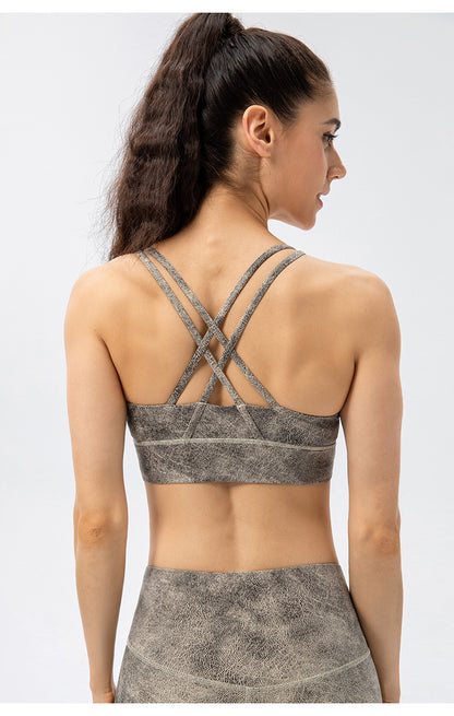 Leather look cross back sports bra